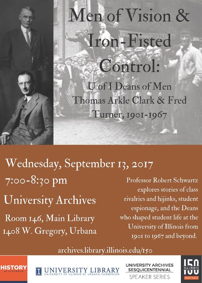 Poster for forthcoming lecture on Deans of Men. Photograph of Thomas Clark and Fred Turner.